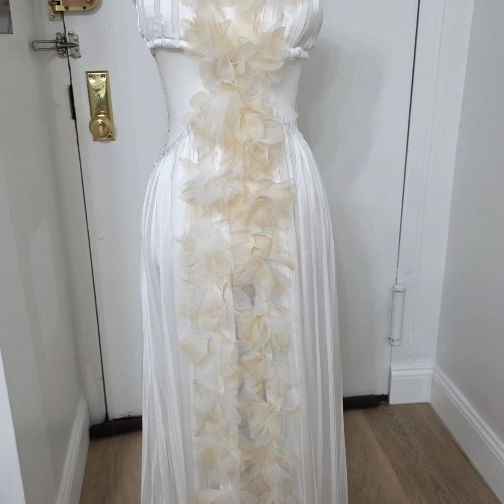 Elegant White Sheer Maxi Dress with Cream Floral Applique